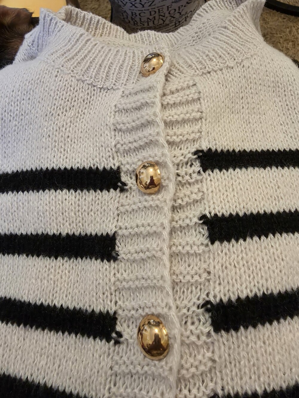 Gold-Button Striped Crewneck Cardigan - Light Gray & Black - Picture 9 of 12